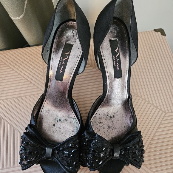 Nina Heels Elegant Black Bow Jeweled Open Toe Neutral Cocktail Prom Party Guest - Picture 5 of 9